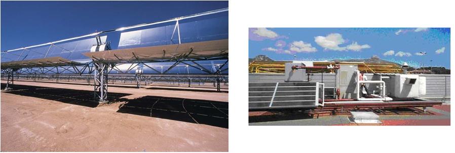 A gauche : centrale solaire thermique pour la production d'électricité - A droite : Installation solaire thermique pour la production de froid solaire
